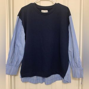 Free Assembly Navy Blue sweatshirt and Blue and white dress shirt combo